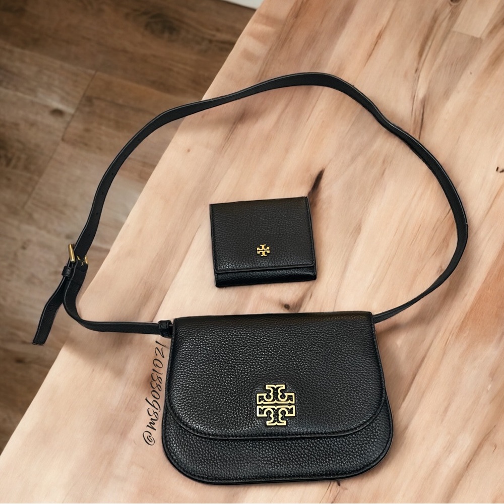 TORY BURCH Black Pebbled Leather Flap Bag + Wallet BRAND NEW WITH TAGS